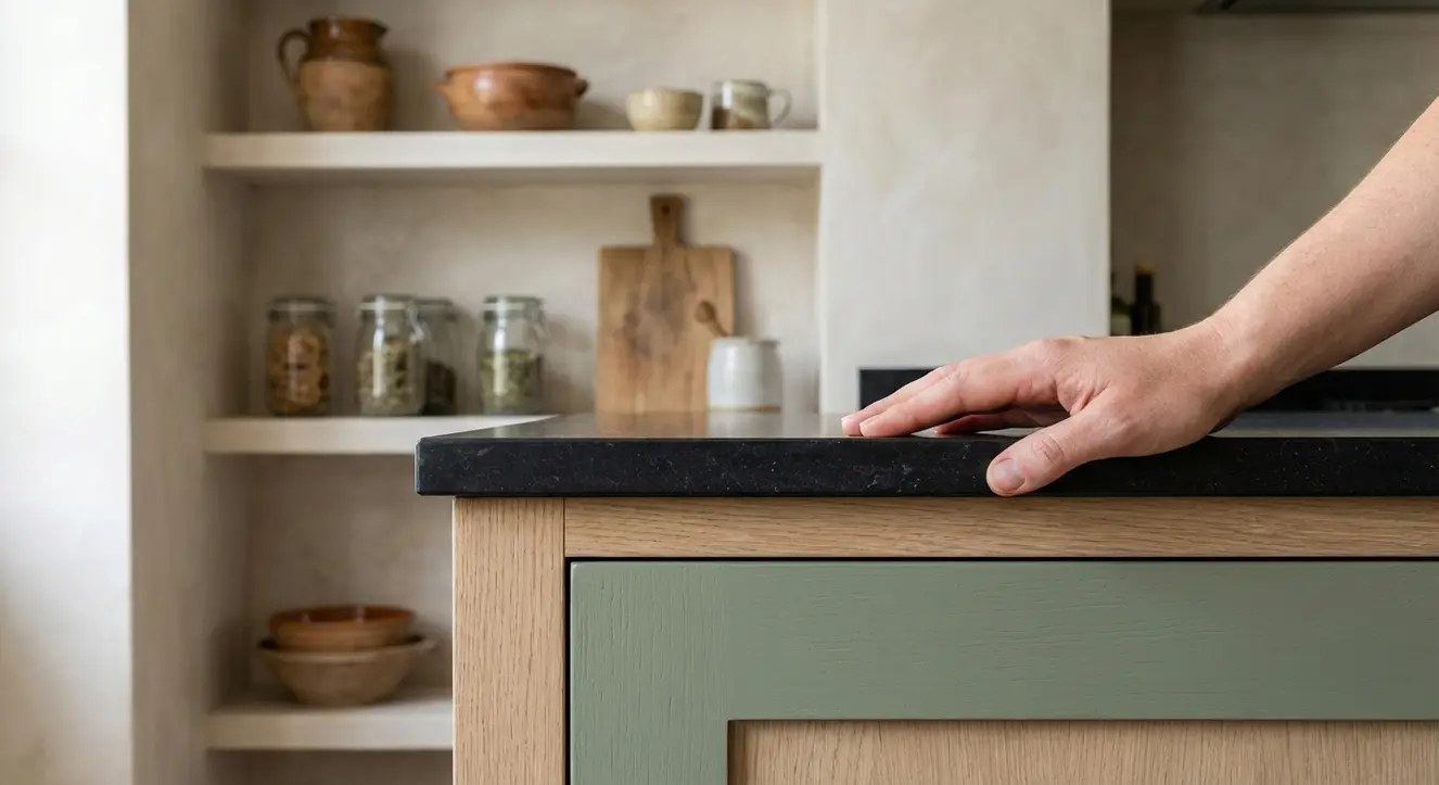 Texture et détail de matériaux en bois clair et quartz noir mat associés à un vert sauge mat en ambiance cuisine