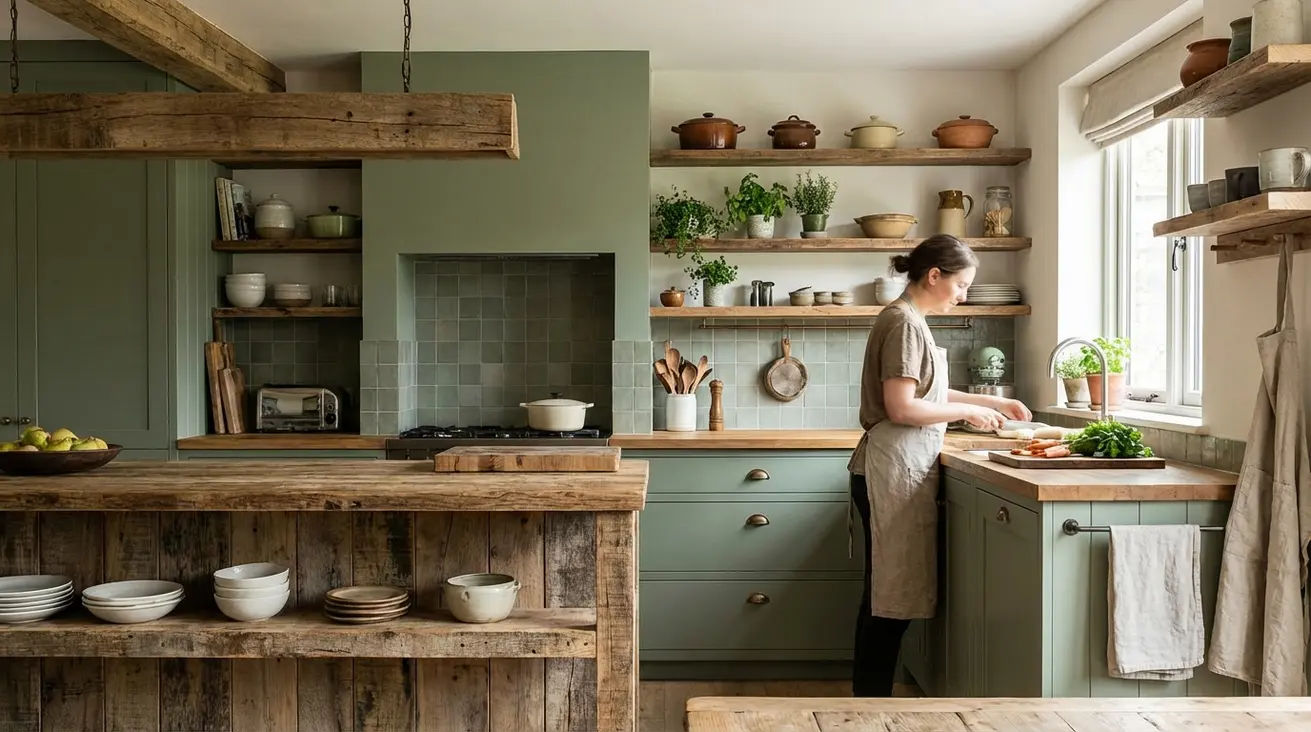 Un intérieur de cuisine moderne mêlant bois naturel et vert sauge