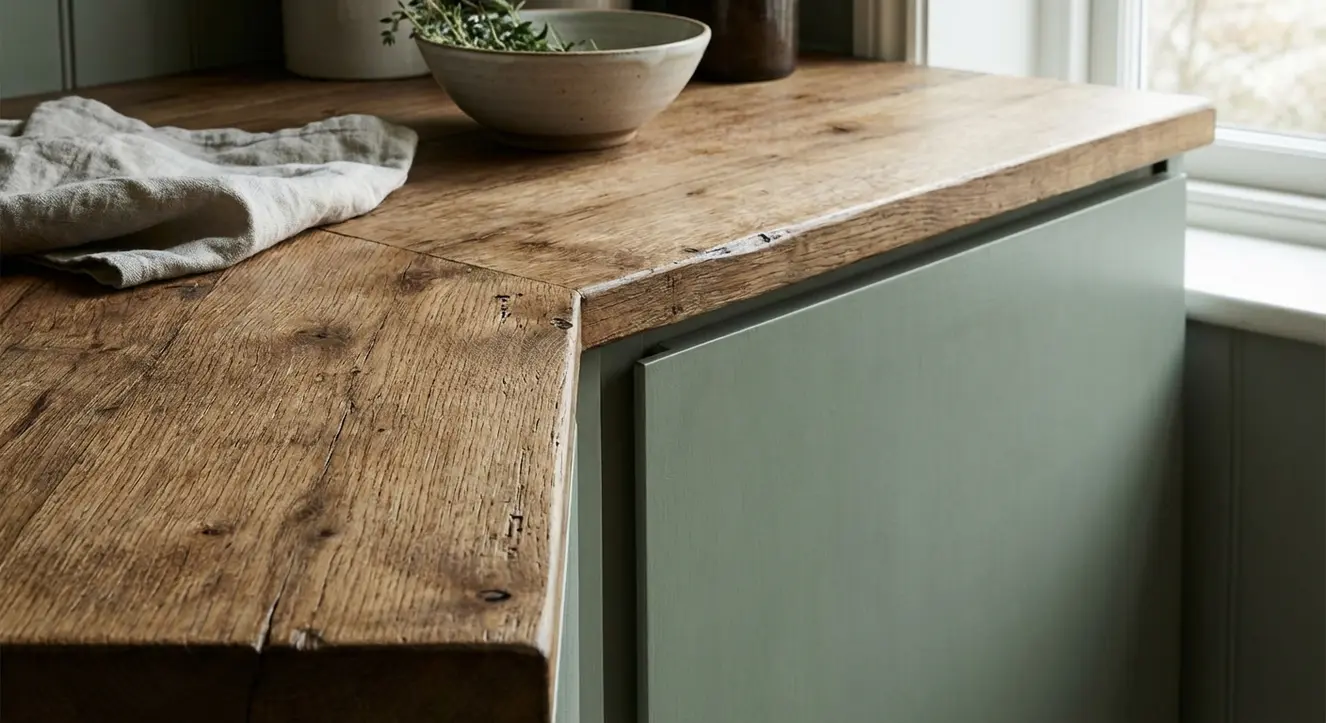 Texture d’un plan de travail en bois huilé mat adjacente à une façade vert mat