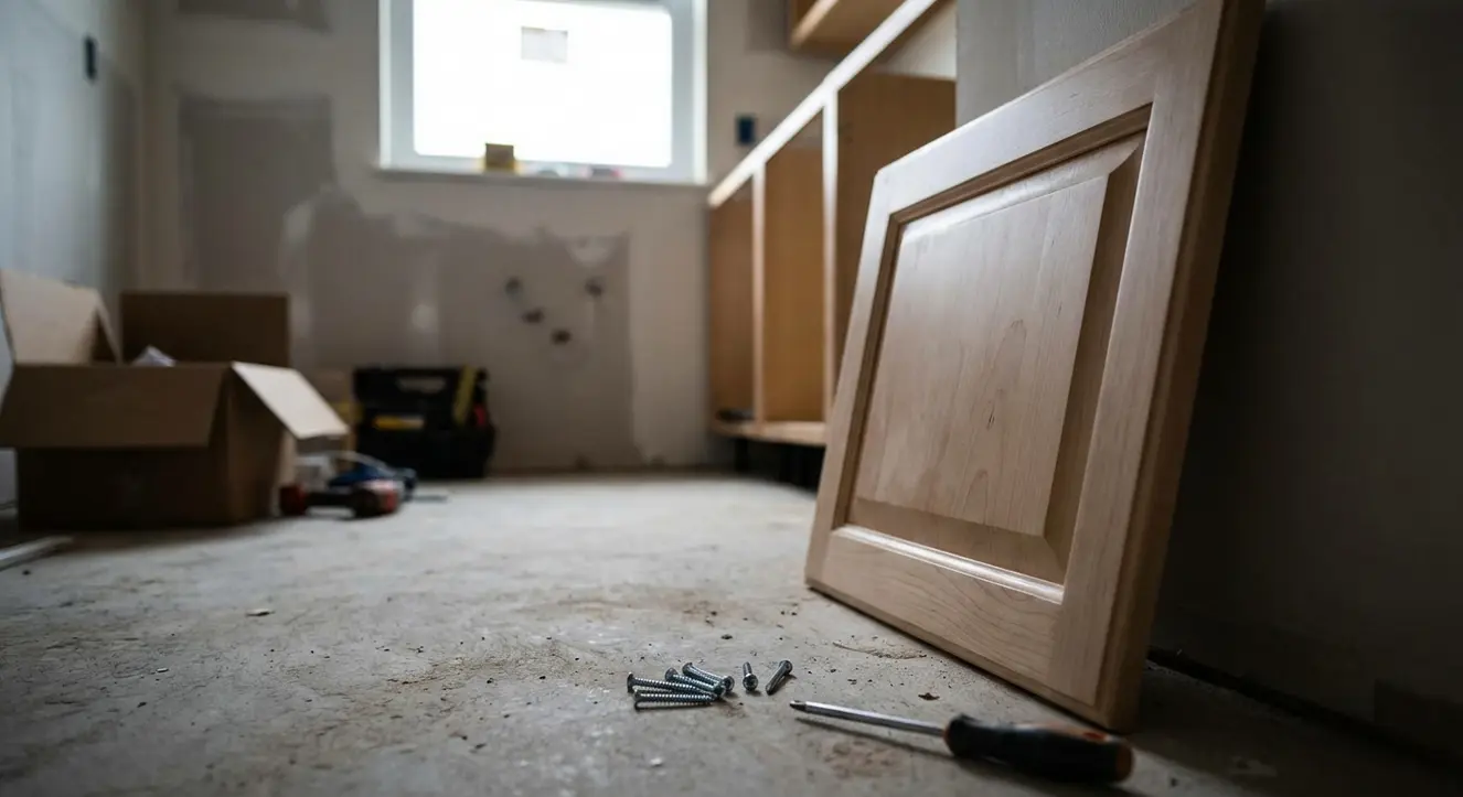 Cuisinella Avis : L’enquête vérité sur la « qualité Schmidt » à prix réduit - Illustration Gros plan sur une porte de cuisine semi-montée avec des vis éparpillées, lumière naturelle tamisée, ambiance d’un appartement en chantier
