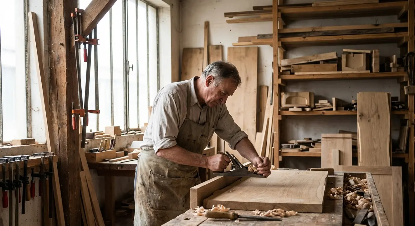 Cuisinella Avis : L’enquête vérité sur la « qualité Schmidt » à prix réduit - Illustration Atelier artisanal avec un ébéniste travaillant du bois massif, lumière naturelle, ambiance de précision et patience