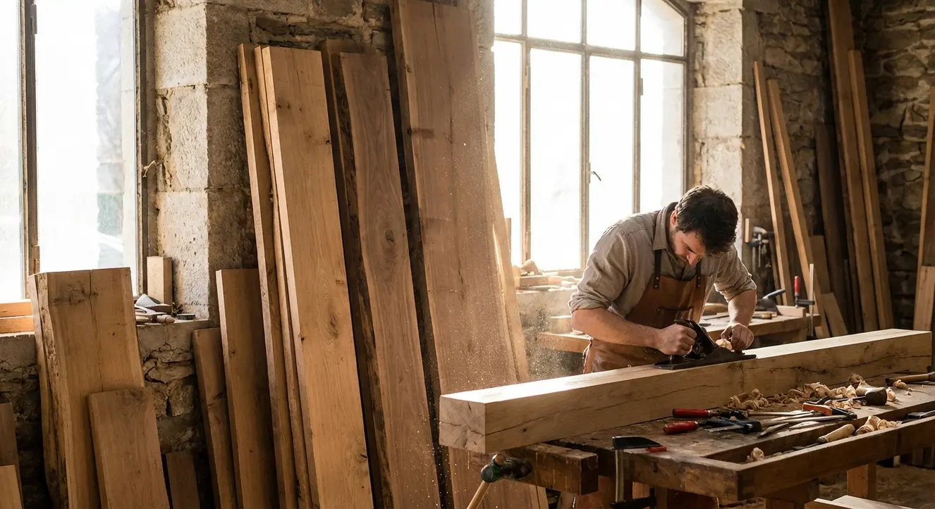 Atelier de menuiserie avec des planches de bois massif, outils et poussière de sciure en suspension dans la lumière matinale