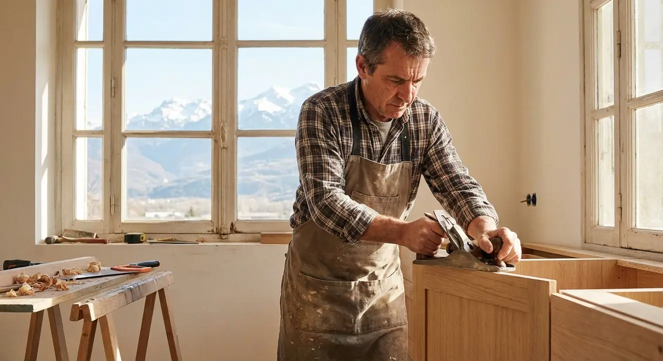 Un artisan en train d'ajuster méticuleusement un panneau de cuisine sur un chantier avec vue sur les montagnes de Grenoble en arrière-plan