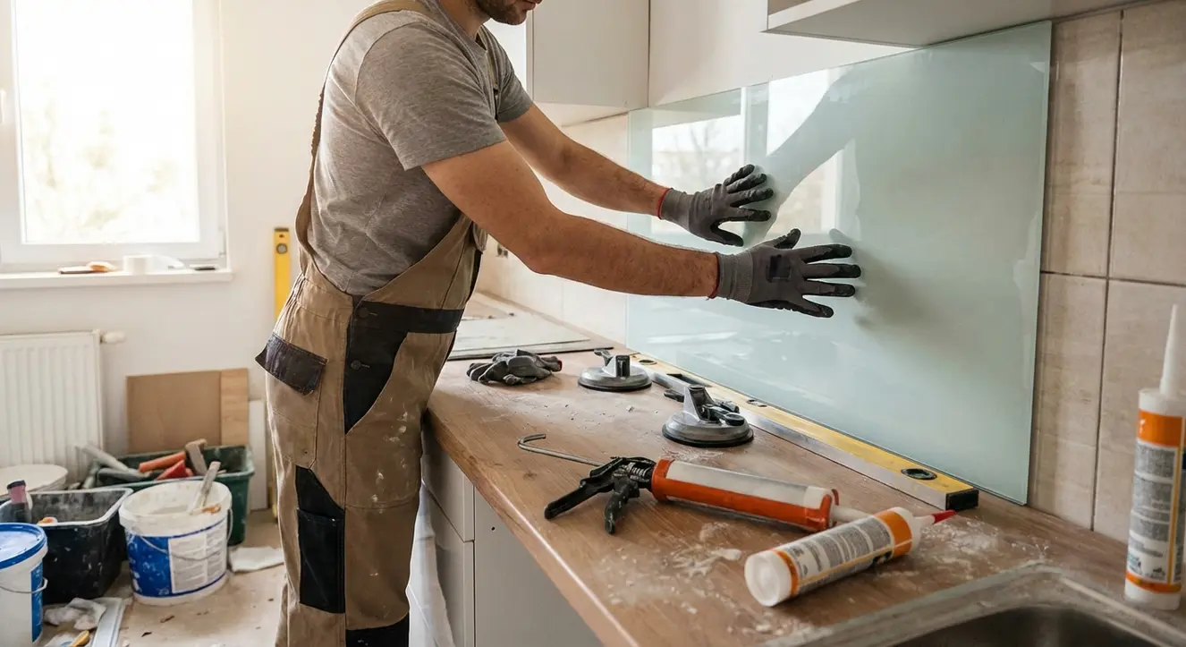 Décoration Cuisine : Le Guide de l'Architecte pour Sublimer votre Pièce (2026) - Illustration Détail ultra précis d’un chantier de rénovation de cuisine montrant des mains expertes en train de poser une crédence en verre trempé, tools et matériaux à portée