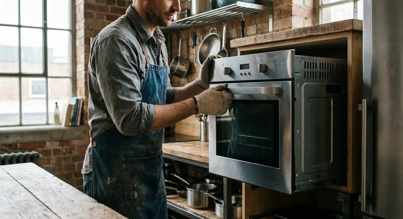 Gros plan confiant d’un artisan posant un four encastrable en inox dans une cuisine urbaine, ambiance atelier, lumière naturelle tamisée