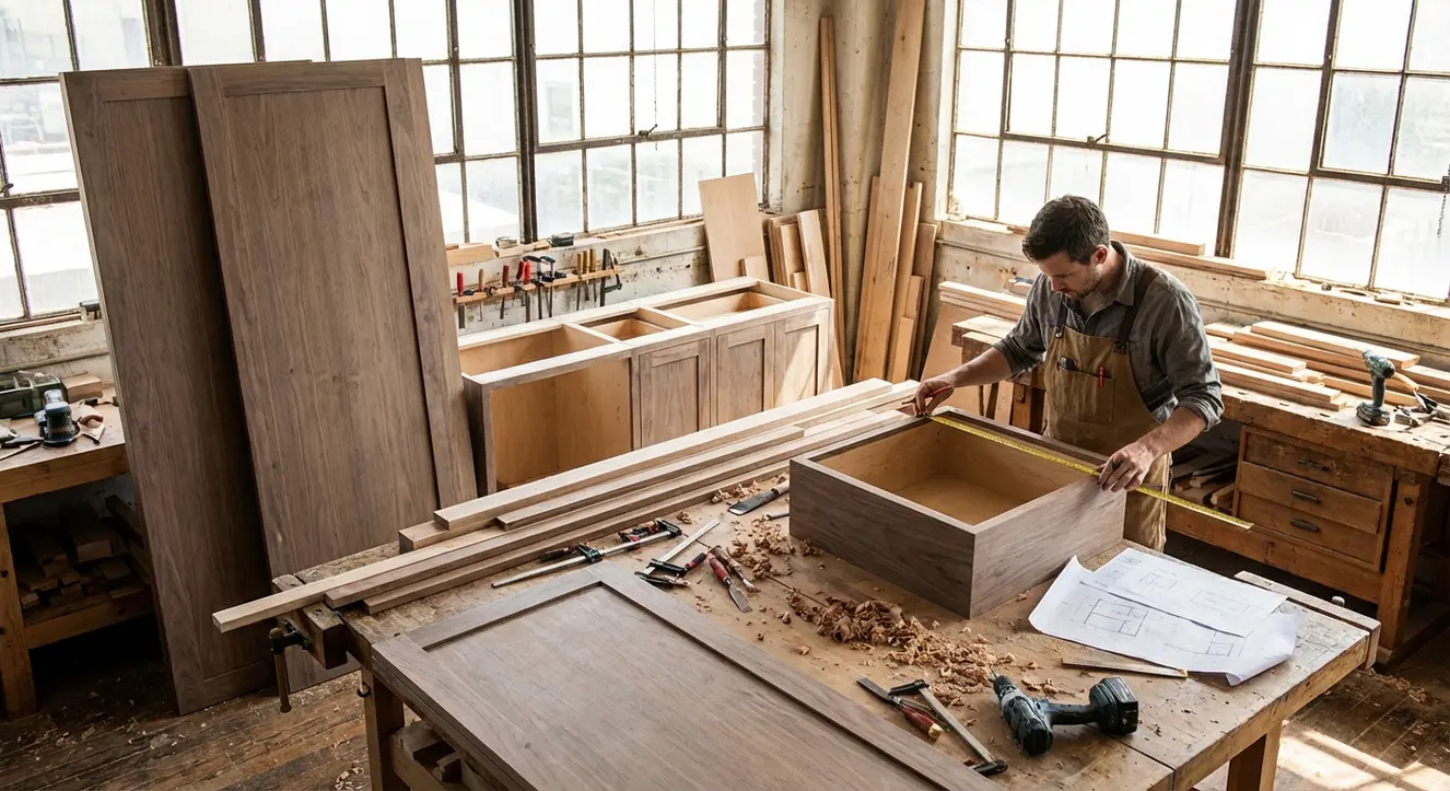 Atelier de menuiserie avec chantiers en cours, panneaux en bois, outils et ébauche de meubles de cuisine, ambiance de travail manuel et soigné