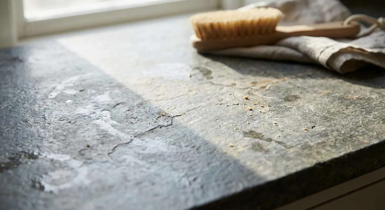Gros plan atmosphérique sur un plan de travail en pierre naturelle, éclairage naturel doux mettant en valeur la texture et la patine de surface