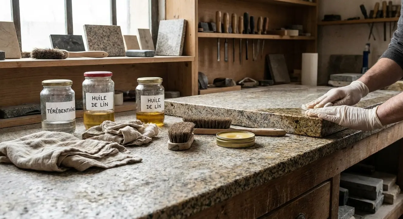 Ambiance atelier avec produits d’entretien, bocaux de térébenthine et chiffons posés sur un plan de travail en pierre naturelle