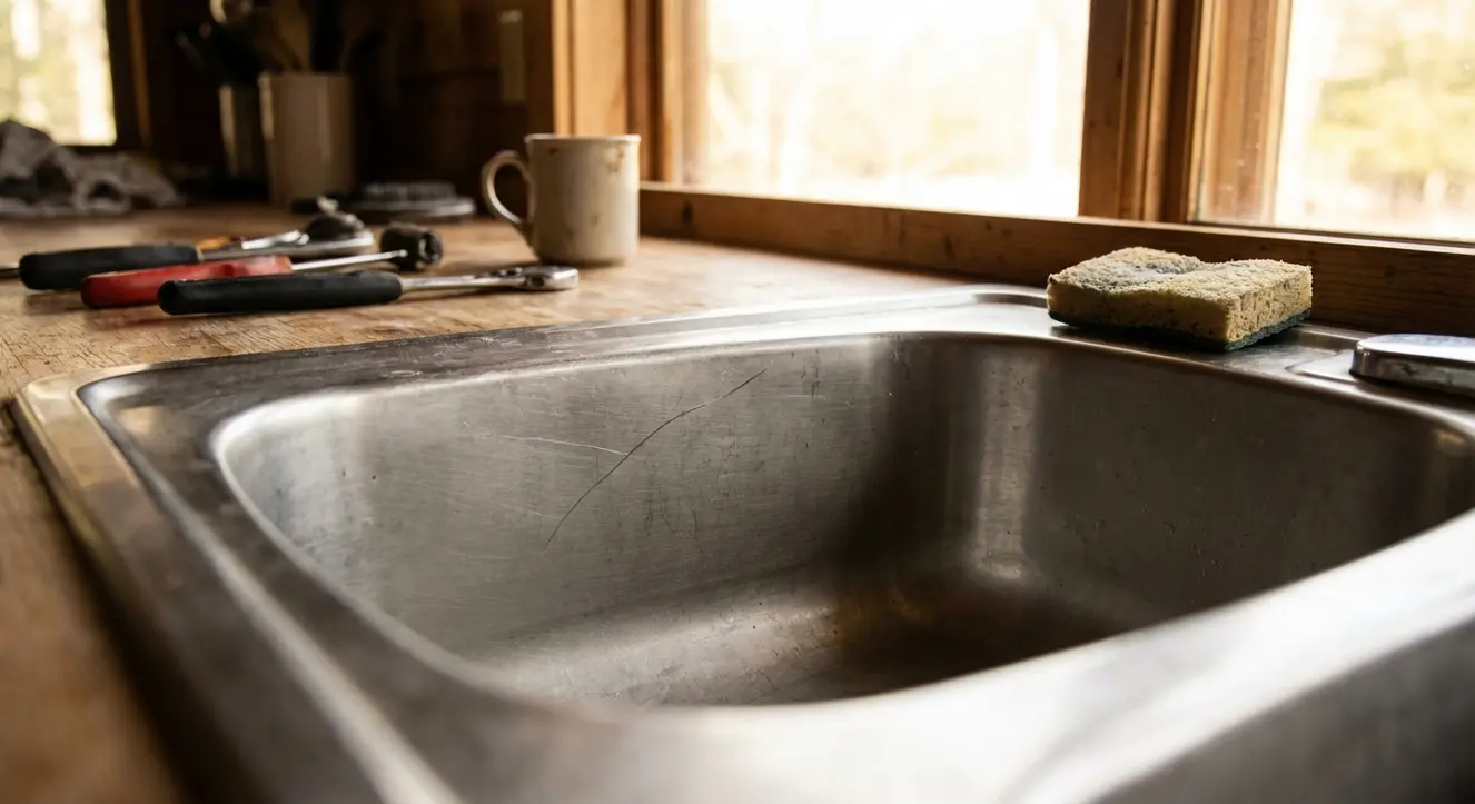 Évier Cuisine : Quel Matériau Choisir pour Éviter les Rayures ? - Illustration Gros plan atmosphérique sur un évier en inox avec une rayure visible, lumière naturelle et ambiance atelier