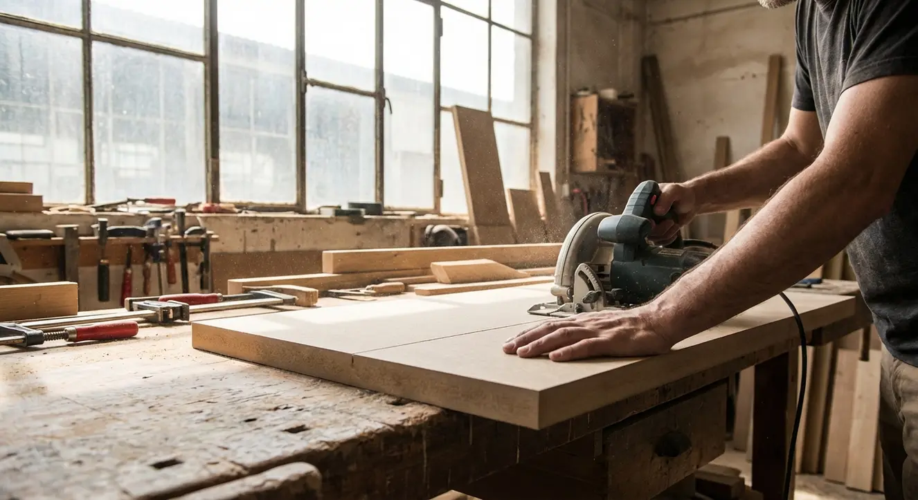 Plan rapproché d’un artisan coupant un panneau MDF sur un établi dans un atelier, lumière naturelle filtrée, ambiance d’atelier traditionnel