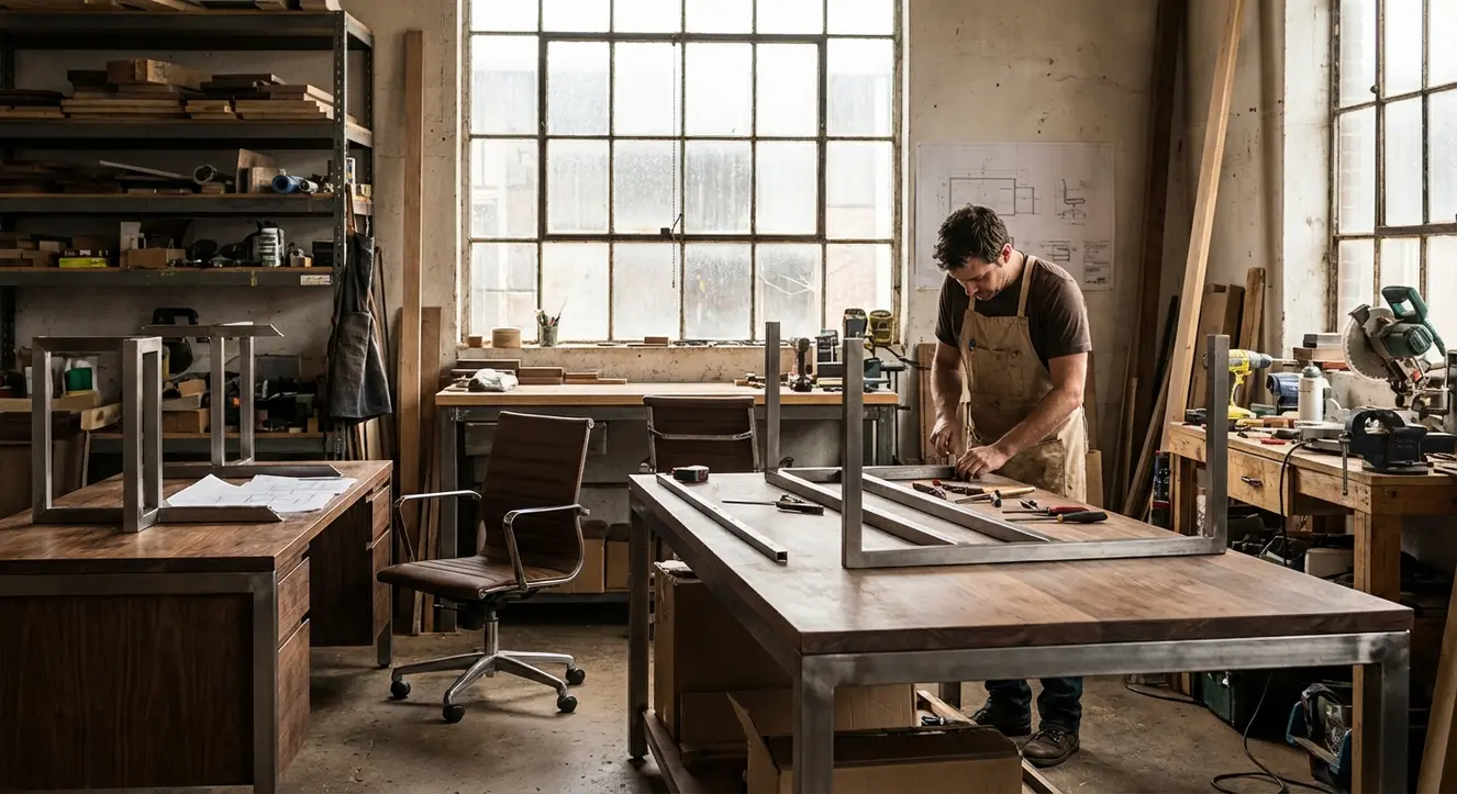 Atelier d’assemblage de mobilier professionnel en bois et métal, ambiance atelier avec outils, lumière naturelle tamisée