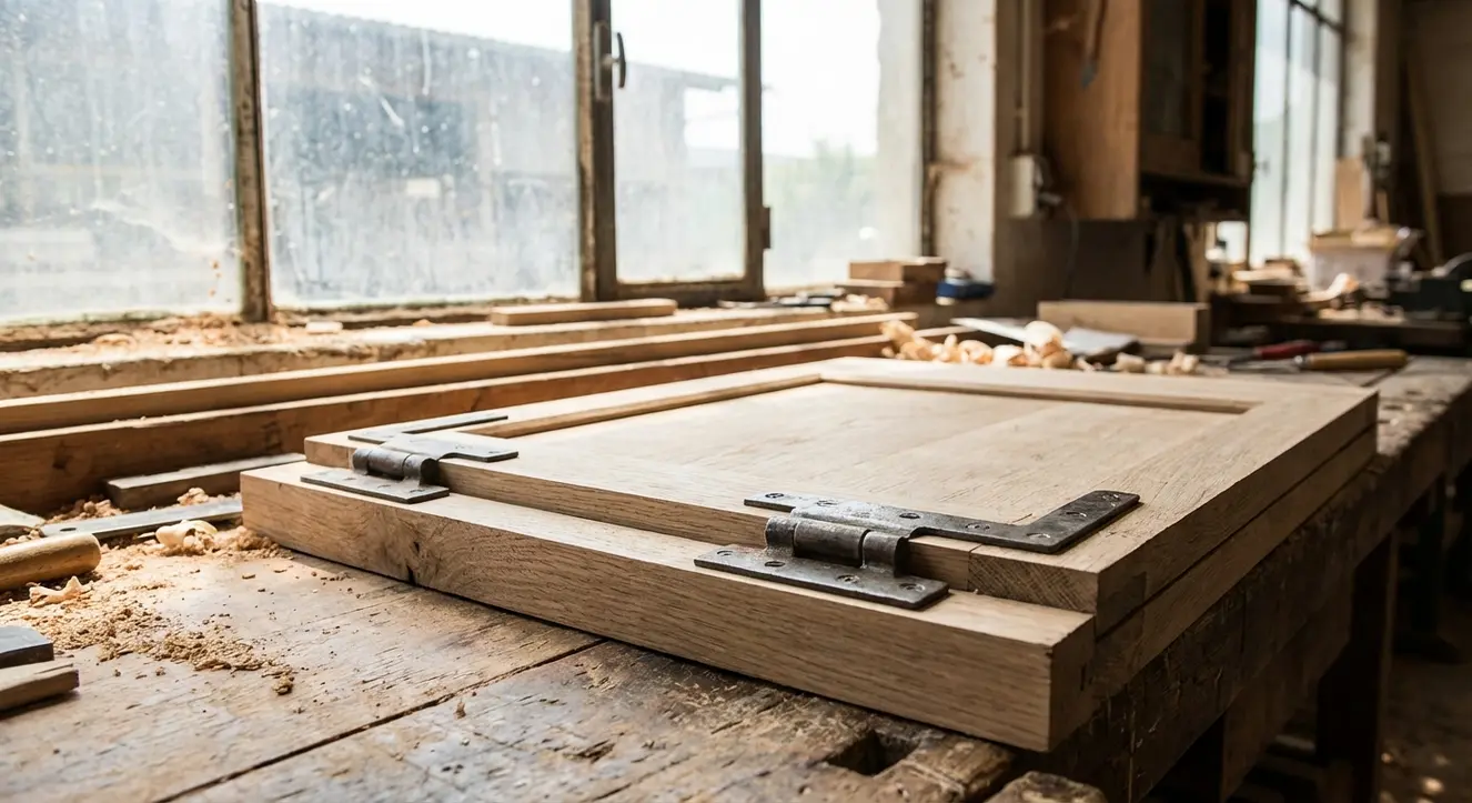 Gros plan sur un ensemble de charnières et panneaux en bois massif assemblés dans un atelier, ambiance brute et fonctionnelle
