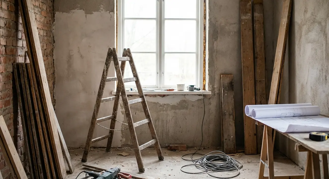 Hauteur Meuble Haut Cuisine : Normes et Distances Idéales - Illustration Intérieur de cuisine en chantier, avec un escabeau posé devant un mur, lumière naturelle filtrée, matériaux de construction visibles