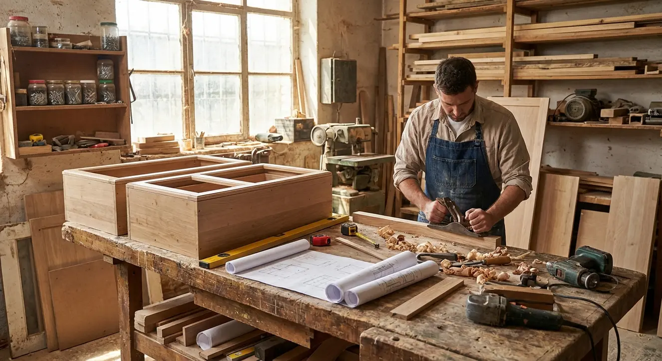 Hauteur Meuble Haut Cuisine : Normes et Distances Idéales - Illustration Atelier de menuiserie avec outils, plans techniques, et un établi couvert de pièces de cuisine en préparation