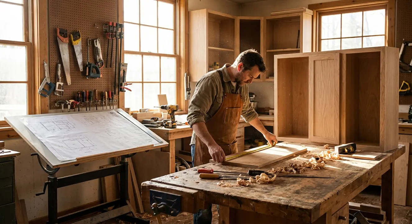 Hauteur Meuble Haut Cuisine : Normes et Distances Idéales - Illustration Atelier de menuiserie avec outils, plans techniques, et un établi couvert de pièces de cuisine en préparation