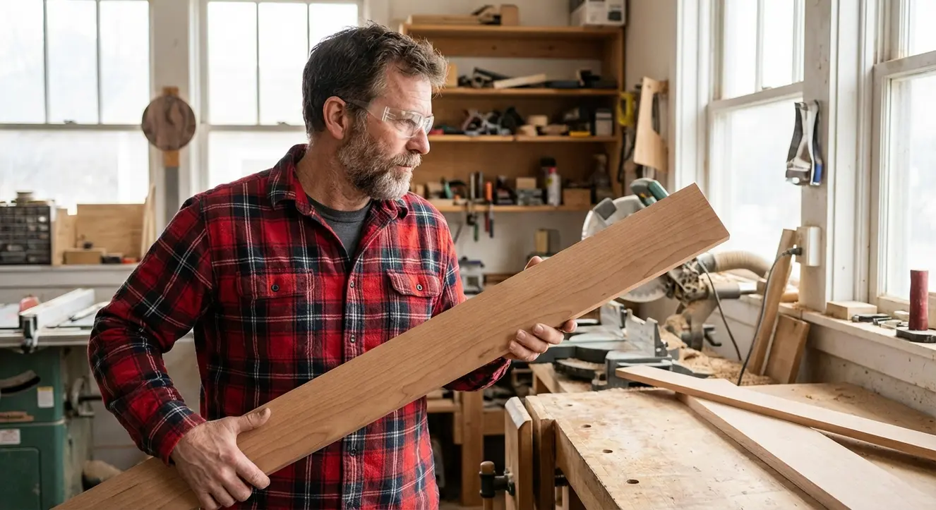 Un artisan en chemise à carreaux portant des lunettes de sécurité tient une longue planche de bois massif poncée dans un atelier lumineux, avec des outils et machines en arrière-plan