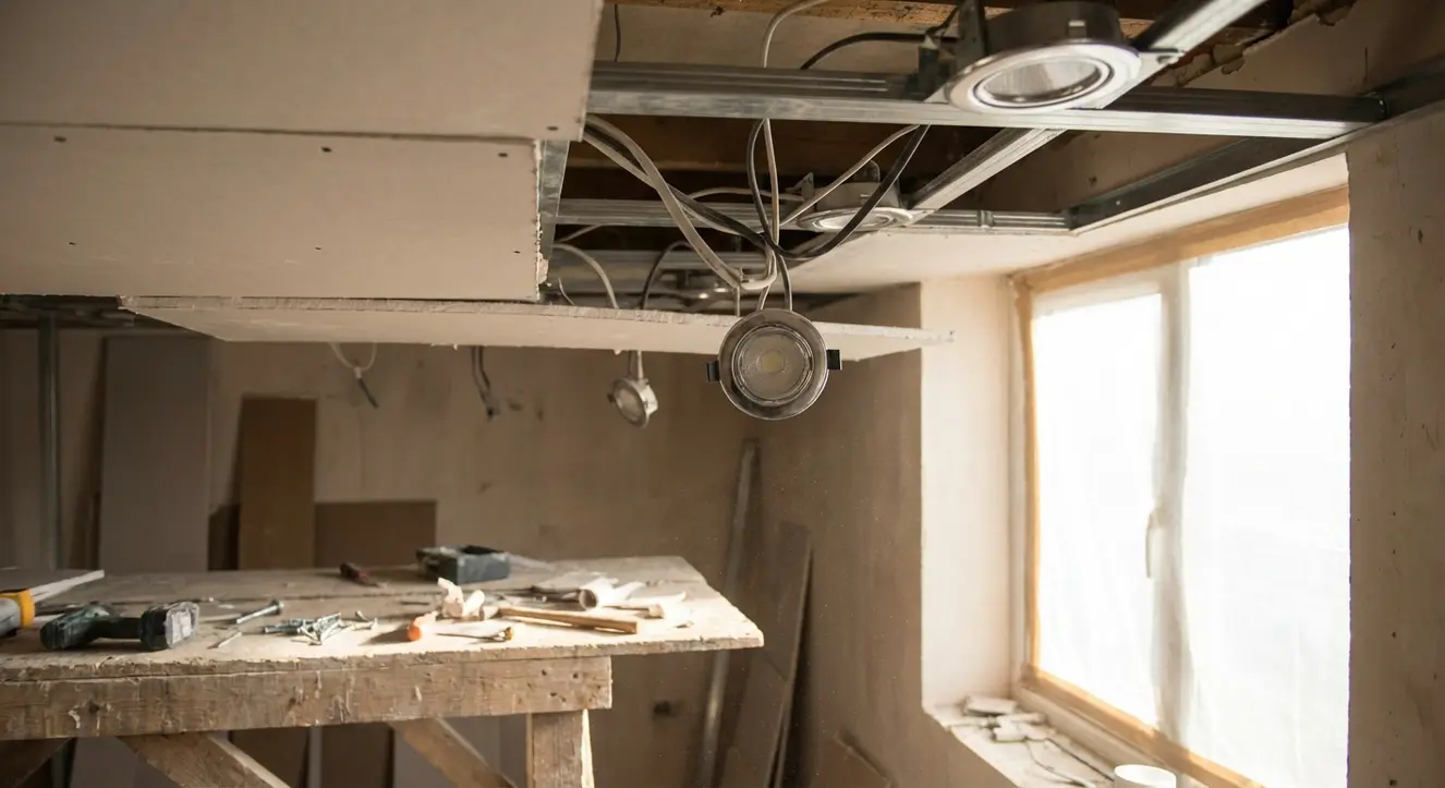 Atelier de chantier, vue rapprochée sur des plaques de plâtre découpées entourant des câbles électriques et spots encastrés, ambiance poussiéreuse et lumière naturelle filtrée