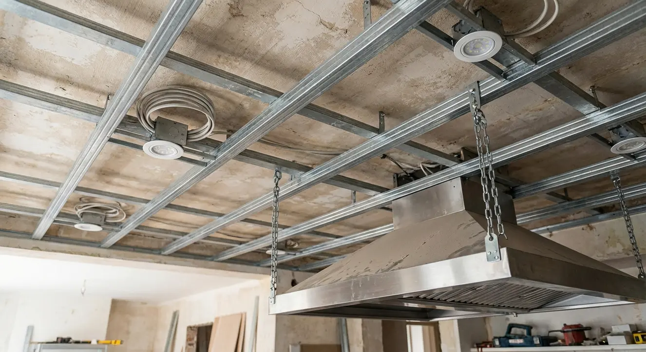 Gros plan sur une ossature métallique renforcée sous faux plafond, avec câblages électriques, spots LED encastrés et une hotte suspendue visible