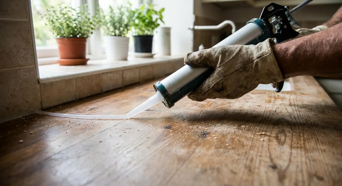 Joint de plan de travail : Le Guide pour une Étanchéité Parfaite - Illustration Gros plan sur une main experte posant un joint silicone sur un plan de travail en bois, lumière naturelle filtrée par une fenêtre