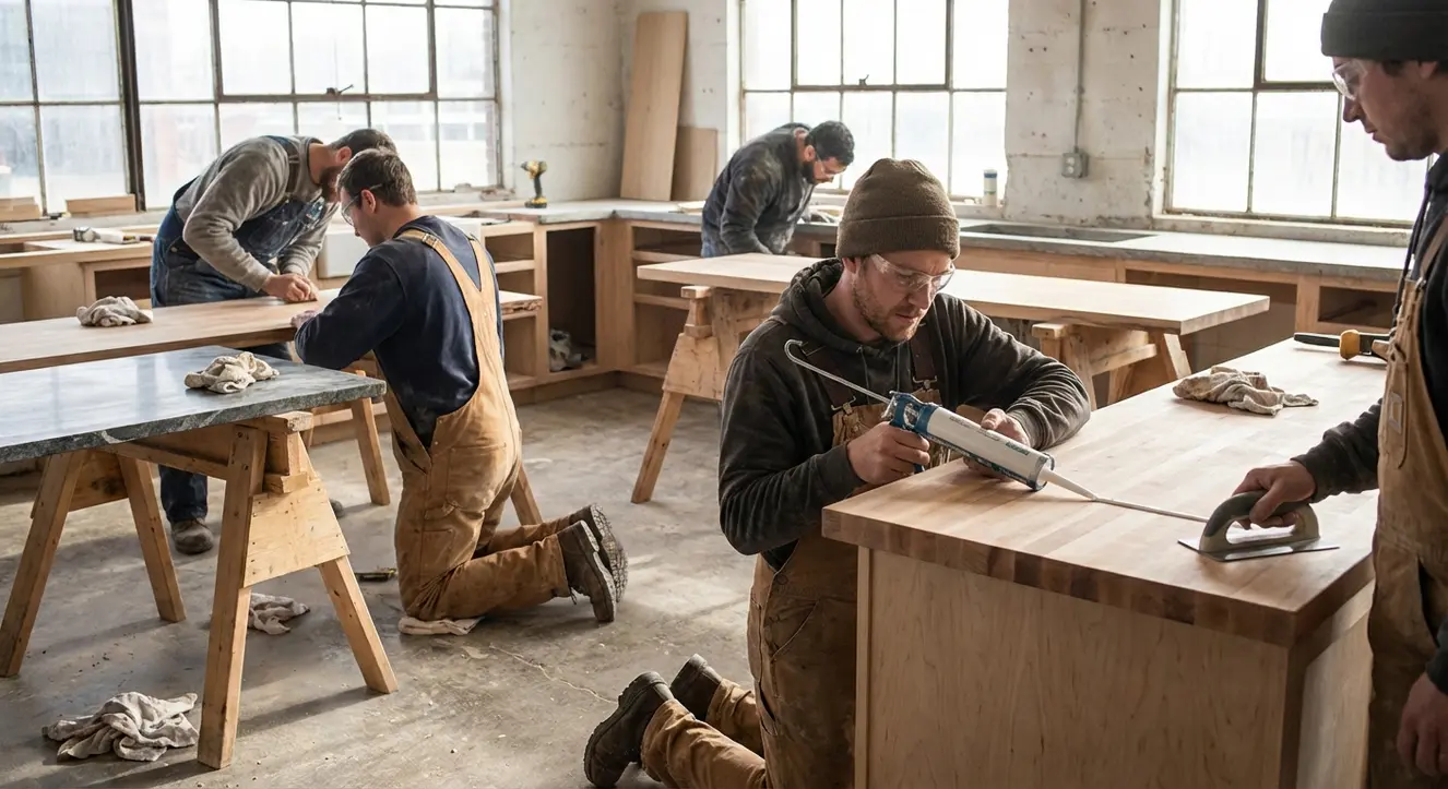 Joint de plan de travail : Le Guide pour une Étanchéité Parfaite - Illustration Ateliers de chantier avec artisans posant des joints silicone sur des plans de travail, ambiance matinale et concentrée