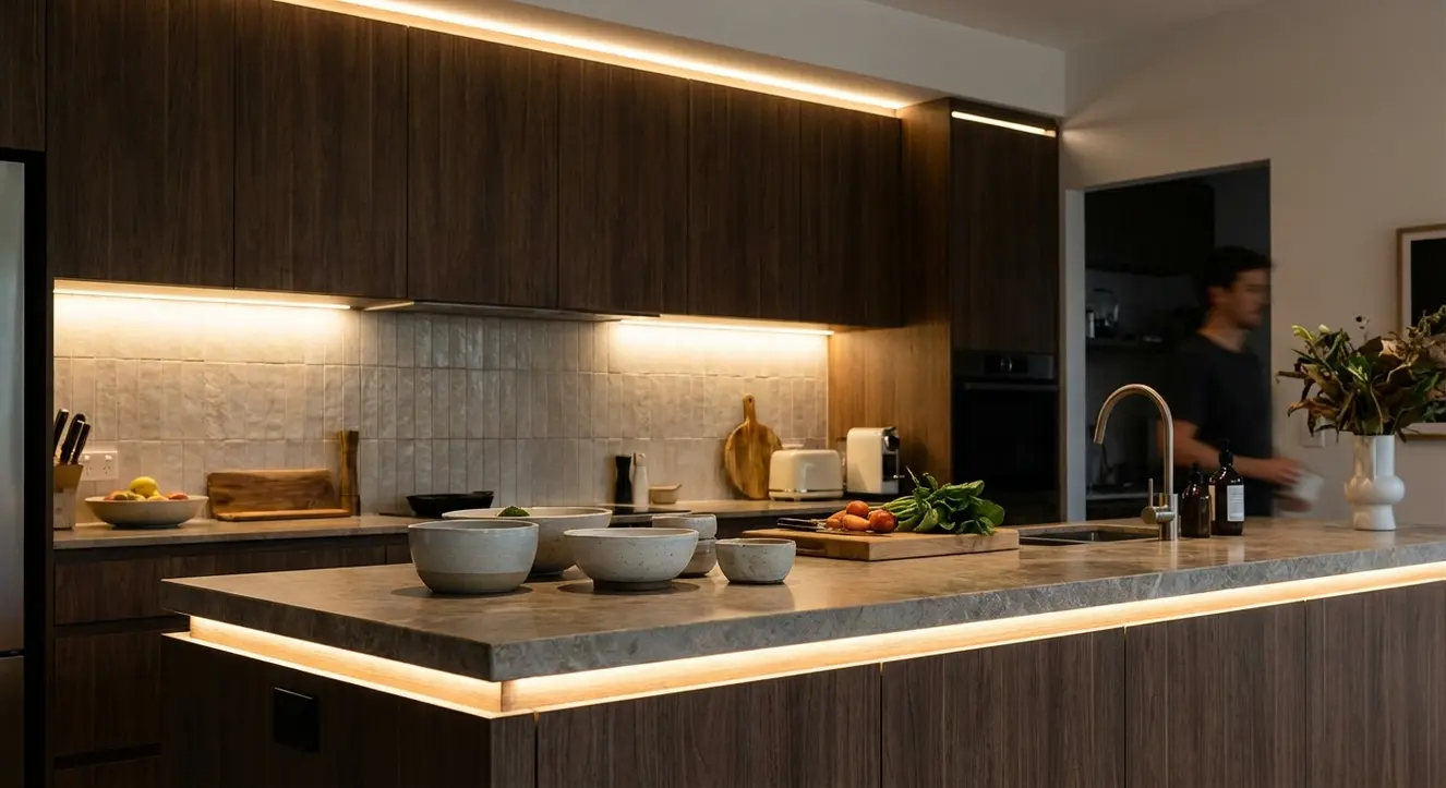 Un éclairage LED de cuisine bien installé, mettant en valeur la qualité des matériaux et la température de couleur chaleureuse