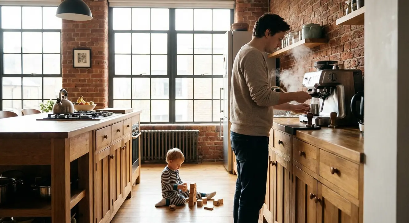 Scène matinale dans une cuisine ouverte, lumière naturelle traversant les fenêtres, avec une machine à café en action et un enfant s’agitant sur le côté.