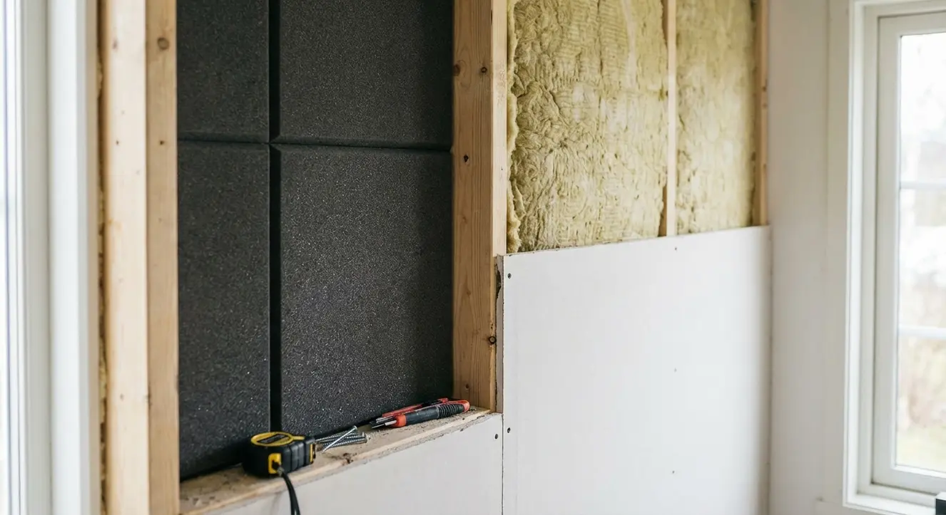 Gros plan d’un mur cloisonné avec panneaux acoustiques et isolation visible, ambiance chantier intérieur, éclairage naturel.