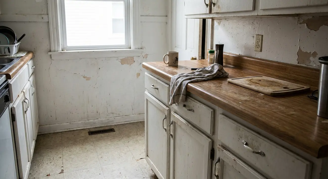 Intérieur d’une cuisine usée, murs blancs écaillés, plan de travail rayé, ambiance réaliste et quotidienne avec lumière naturelle