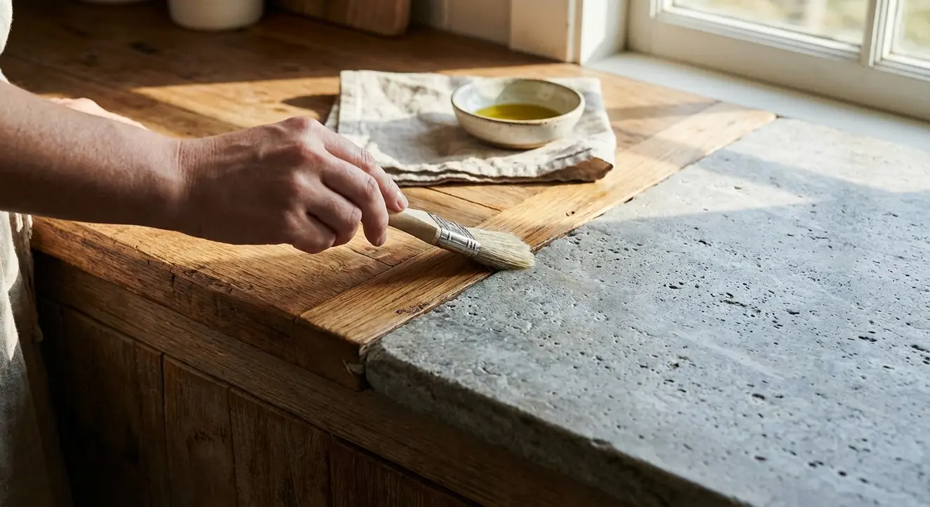 Détail tactile d’un chant laser sur un plan de travail en bois massif et pierre naturelle, jeu de lumière mettant en valeur les textures