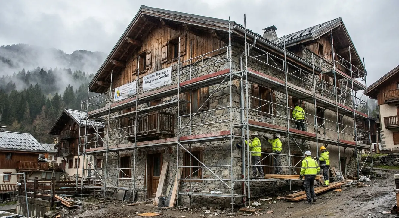 Les aides de la Métropole de Grenoble pour l'habitat - Illustration Un chantier de rénovation de façade en copropriété en montagne, avec échafaudages, ouvriers en action sous ciel gris
