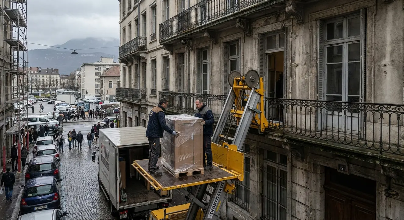 Livraison de cuisine à Grenoble : accès et monte-meuble - Illustration Scène urbaine grenobloise ancien bâtiment avec monte-meuble en action lors d’une livraison de cuisine, ambiance grise et chargée, détails mécaniques de la plateforme élévatrice