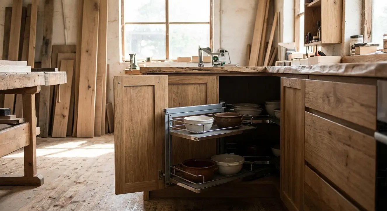 Détail d’un meuble d’angle de cuisine en bois massif, avec plans de travail visibles, matériaux bruts sous lumière naturelle, ambiance atelier artisanal