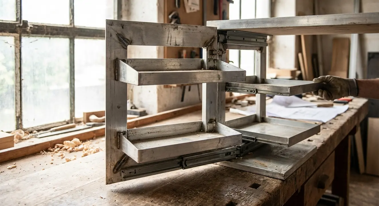 Gros plan sur un mécanisme d’angle de cuisine en métal avec plateaux articulés et glissières sous lumière naturelle, ambiance atelier