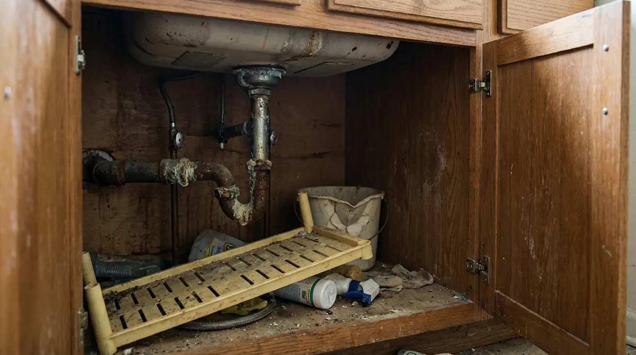 Meuble sous évier : Guide dimensions et rangement optimisé - Illustration Intérieur brut d’un meuble sous évier avec tuyauterie rouillée, poussière accumulée et étagère en plastique dégradée