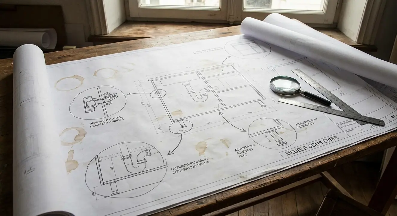 Meuble sous évier : Guide dimensions et rangement optimisé - Illustration Plans industriels détaillés d’un meuble sous évier avec focus sur charnières, pieds réglables et espace pour tuyauterie
