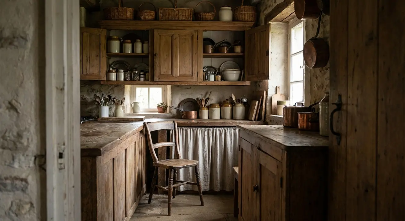 Meubles hauts : comment optimiser votre rangement en hauteur - Illustration Intérieur d’une cuisine rustique avec meubles hauts en bois, lumière naturelle tamisée, accent sur les rangements en hauteur et une chaise branlante à côté