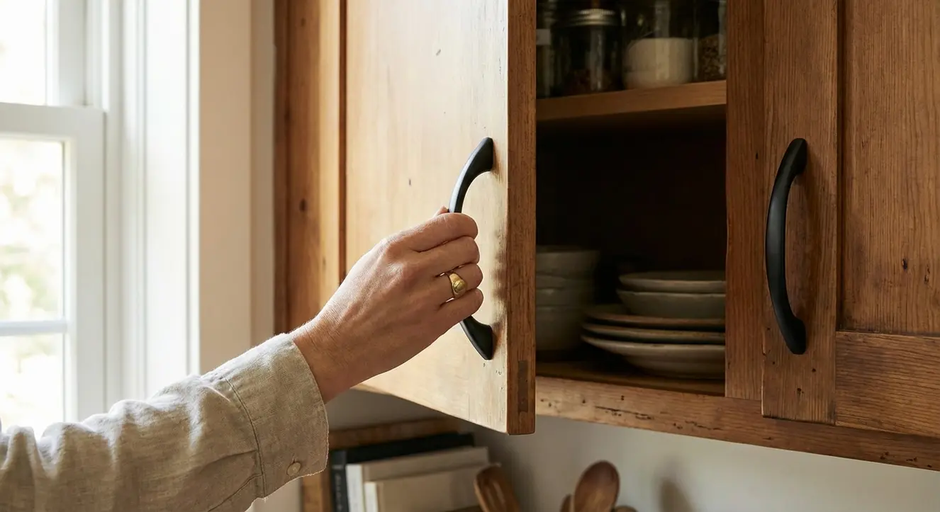Meubles hauts : comment optimiser votre rangement en hauteur - Illustration Détail rapproché d’une main ouvrant une porte de meuble haut avec poignée ergonomique et éclairage doux