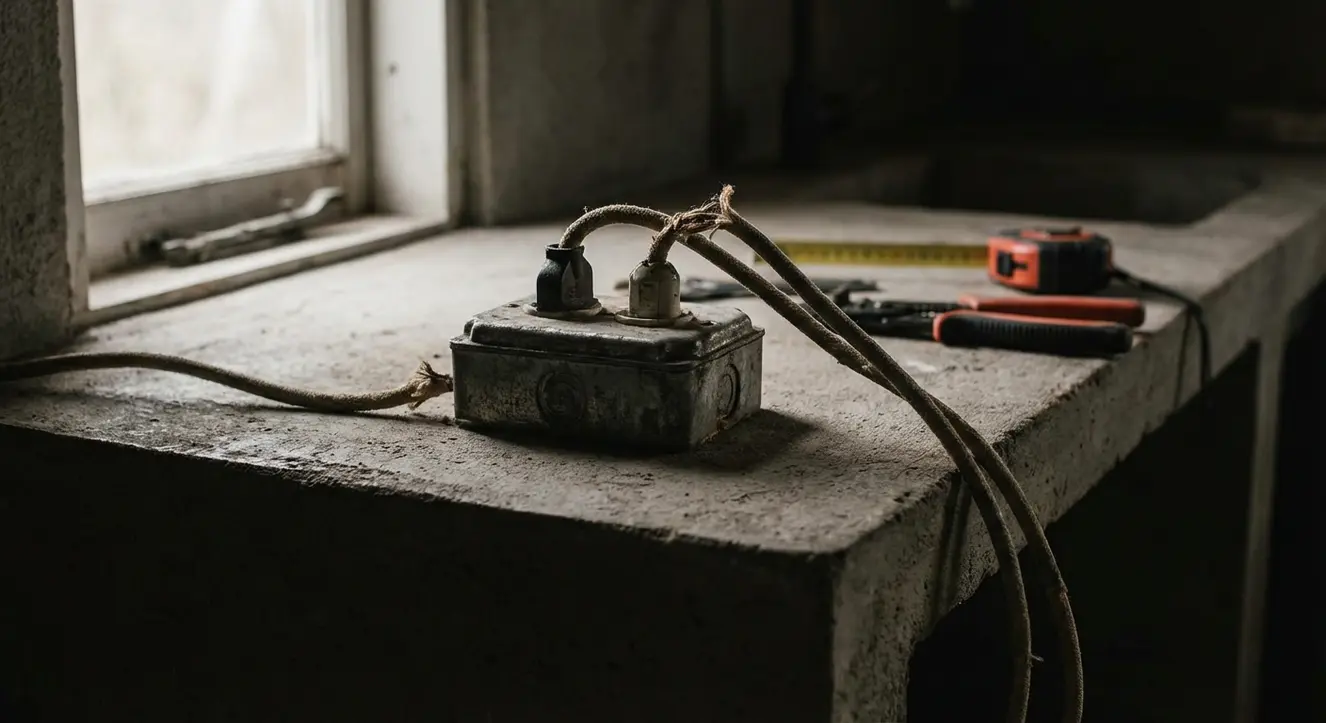 Gros plan sur une prise électrique avec des câbles apparents sur un plan de travail en béton ciré, ambiance atelier, lumière naturelle tamisée