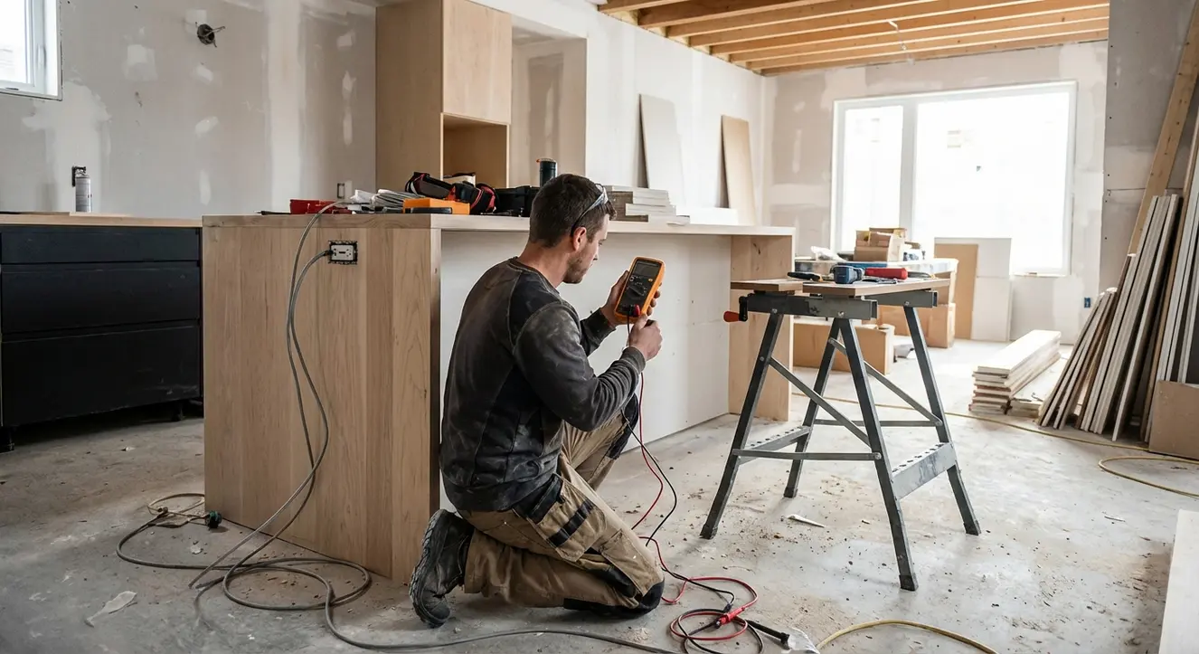 Scène réaliste d’un électricien testant une prise avec un contrôleur électrique dans une cuisine moderne, ambiance chantier