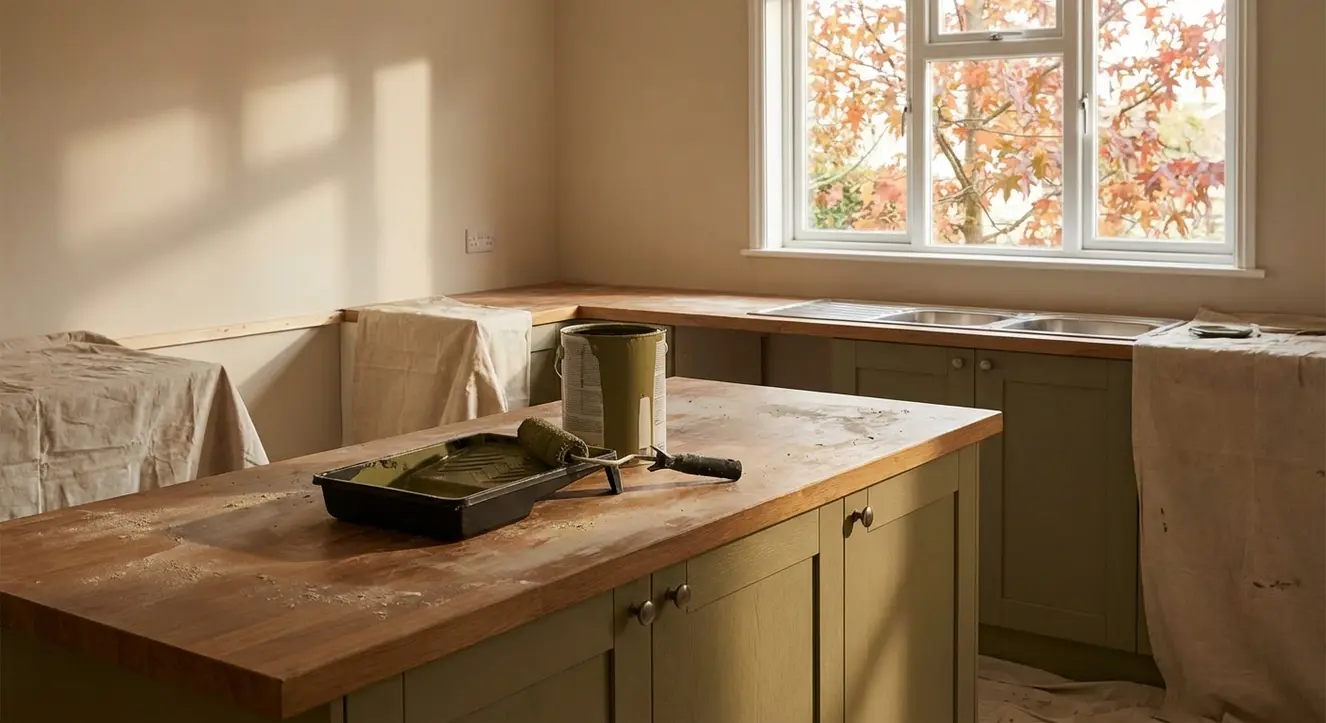 Intérieur de cuisine en rénovation, avec un rouleau et un pot de peinture ouverts sur un plan de travail, ambiance d’automne et lumière naturelle filtrée par une fenêtre