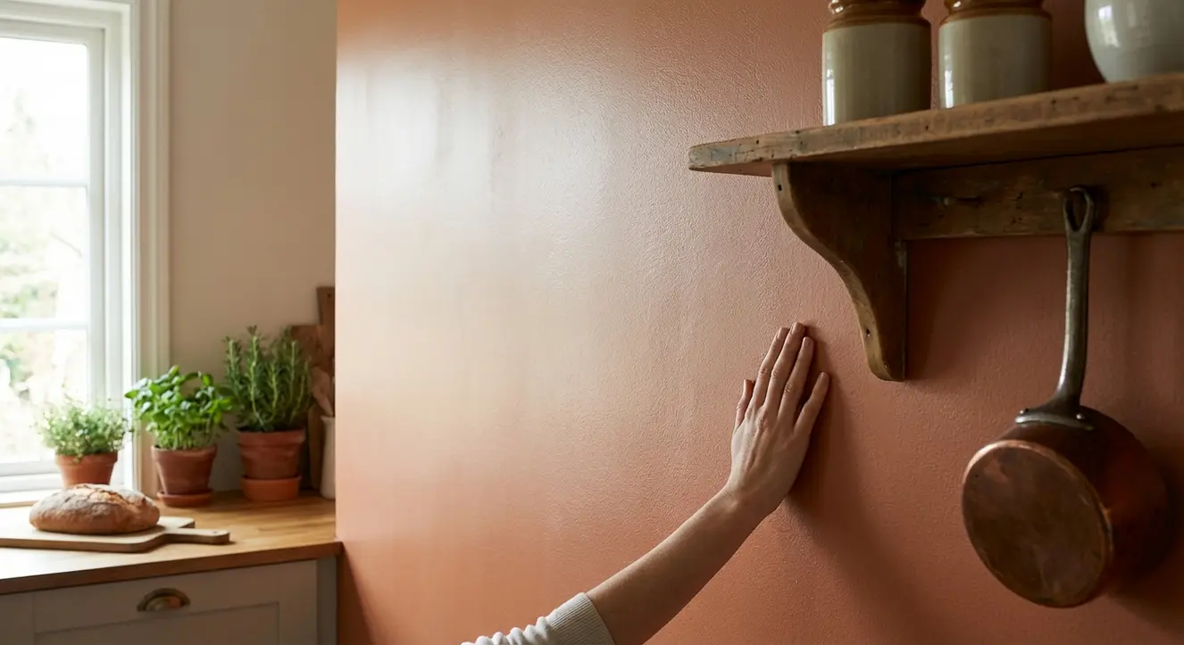 Gros plan sur un mur de cuisine fraîchement peint, lumière naturelle, atmosphère chaleureuse et authentique