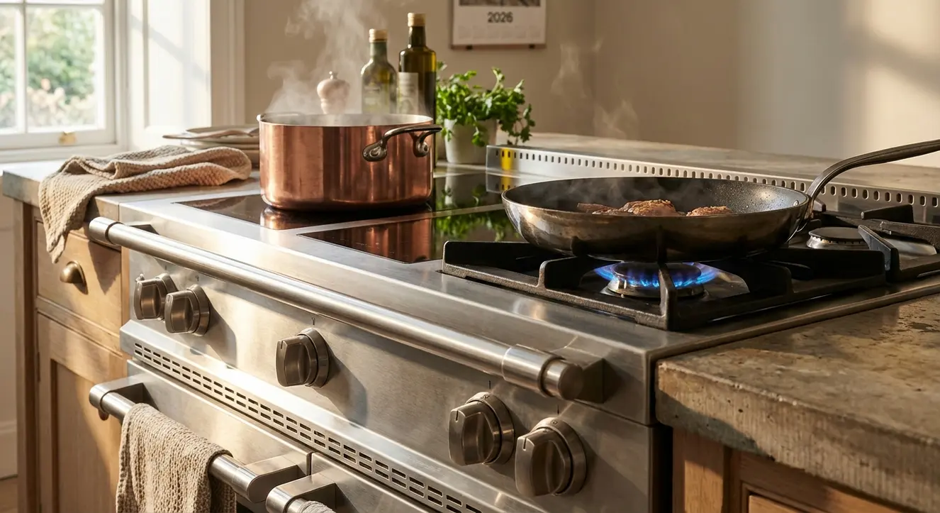Piano de Cuisine : Comparatif des Meilleurs Modèles Gaz & Induction (2026) - Illustration Gros plan atmosphérique d’une plaque de cuisson en action dans une cuisine haut de gamme, captant les reflets métalliques et la lumière naturelle