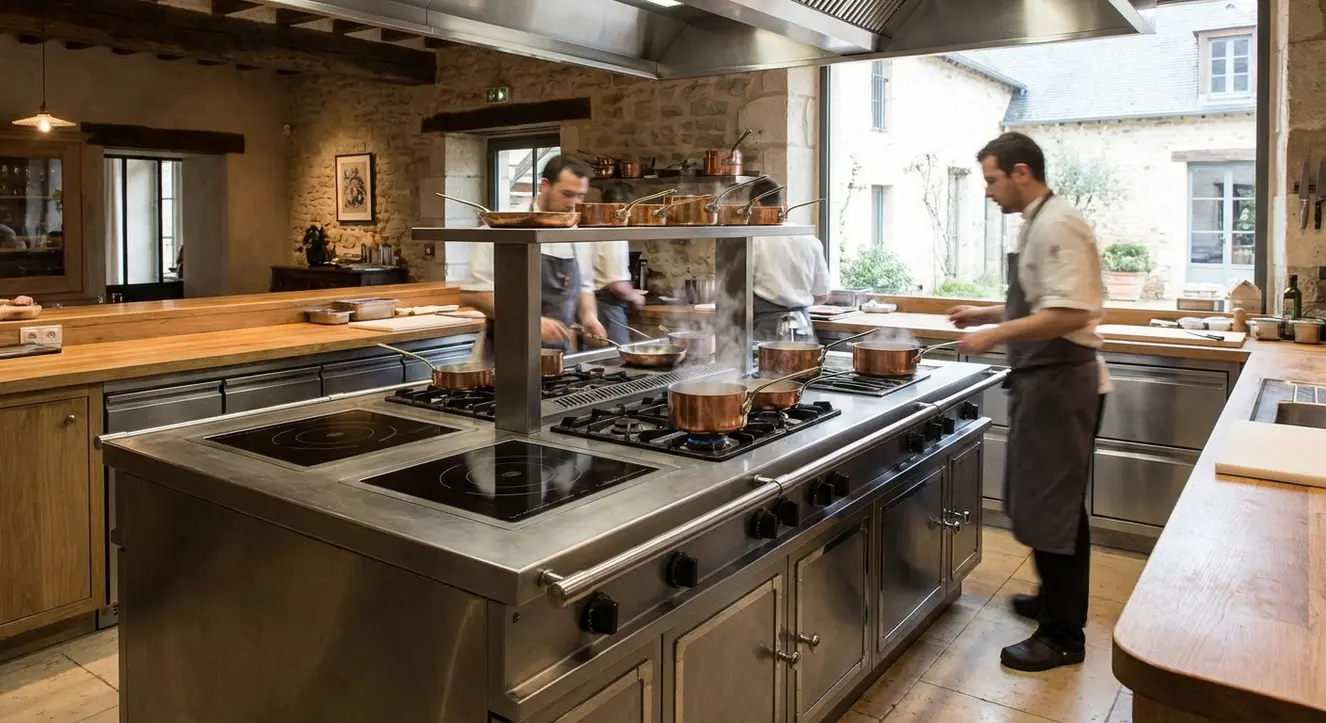 Piano de Cuisine : Comparatif des Meilleurs Modèles Gaz & Induction (2026) - Illustration Plan large d’une cuisine professionnelle avec un piano de cuisson en fonctionnement, ambiance chaleureuse et matériaux nobles