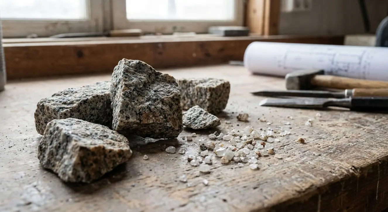 Plan de travail en Granit vs Quartz : le match des matériaux - Illustration Gros plan atmosphérique sur des éclats de pierre naturelle et des grains de quartz posés sur un établi de chantier, lumière naturelle tamisée