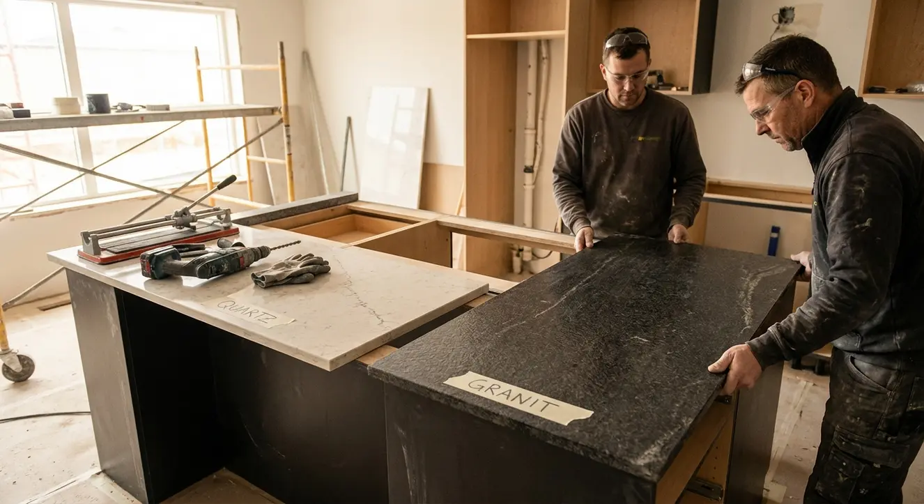 Plan de travail en Granit vs Quartz : le match des matériaux - Illustration Vue atmosphérique d’un chantier de cuisine en cours d’installation avec des plans de travail en granit et quartz côte à côte, lumière naturelle et outils professionnels