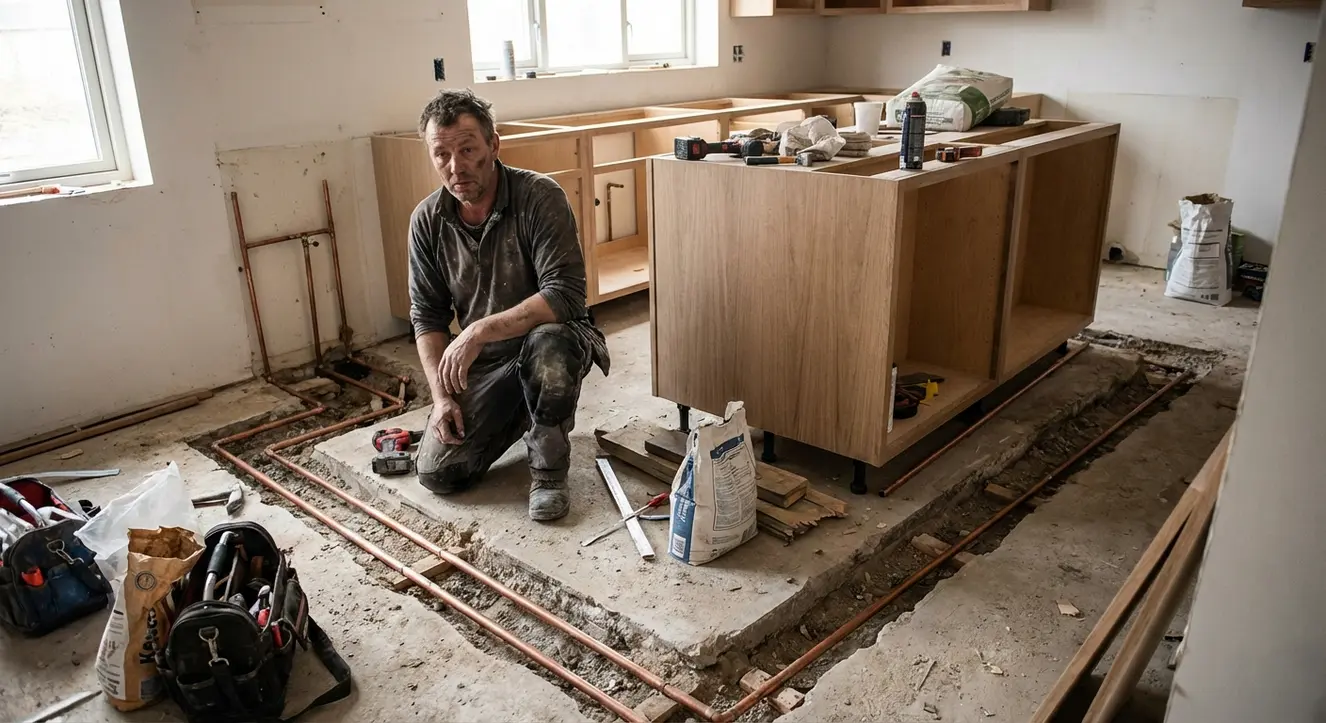Scène d’un chantier intérieur avec des tuyaux apparents sur un sol en chantier, empreinte d’une ambiance de fatigue et de travail manuel intense