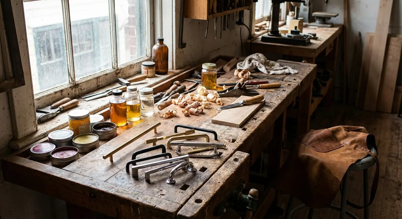 Atelier d'ébénisterie avec divers outils, tubes de cire et huiles, et poignées de cuisine en métal posées sur un plan de travail en bois