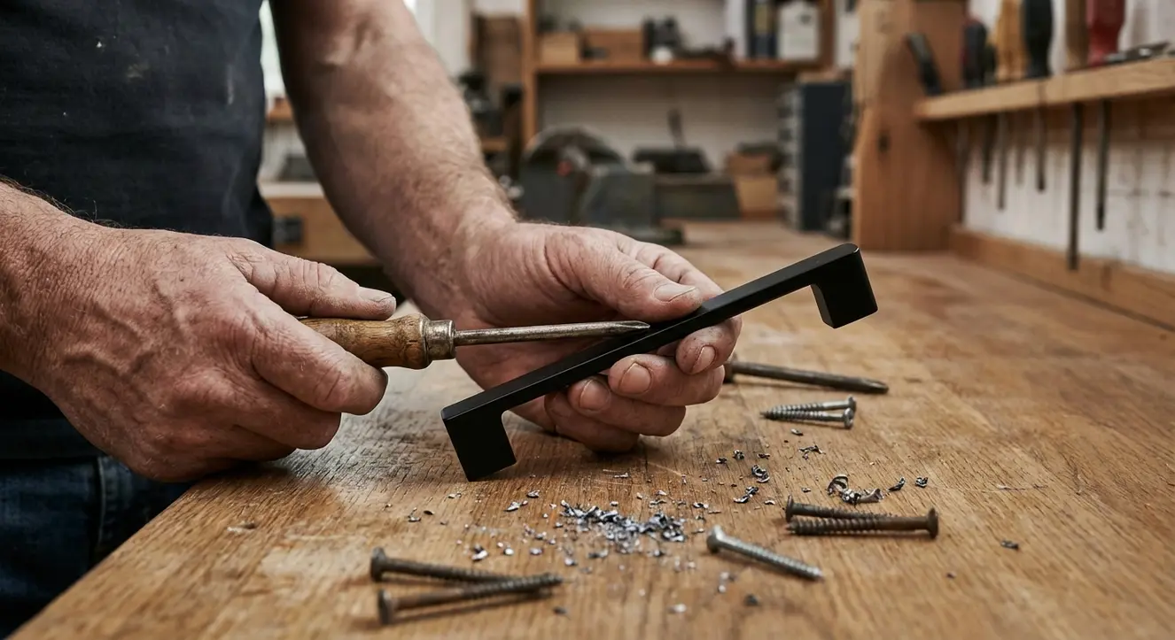 Gros plan atmosphérique sur des mains d’artisan tenant un tournevis et une poignée de cuisine en aluminium noir mat sur un plan de travail en bois, lumière naturelle tamisée