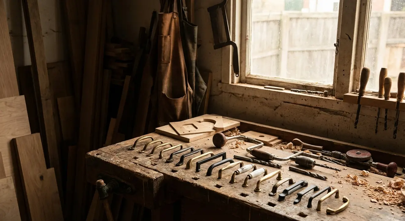 Scène d’atelier d’artisan entre lumière tamisée et ambiance boisée, montrant outils de perçage et poignées de cuisine alignées sur un établi, prêt pour installation