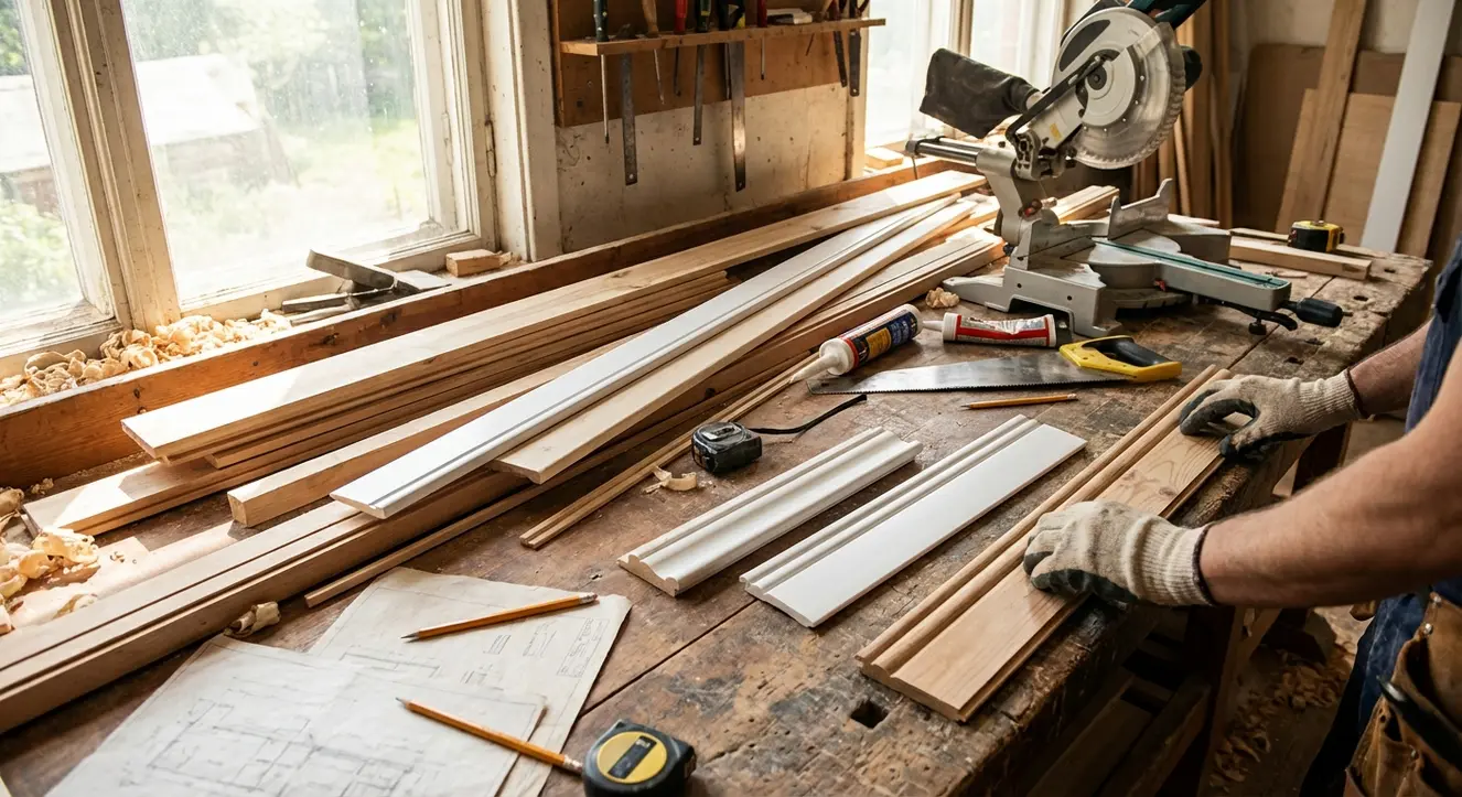 Pose de plinthes : Comparatif des techniques et choix des matériaux - Illustration Atelier de bricolage avec outils de menuiserie et plinthes en bois et PVC disposées sur une table, lumière naturelle douce